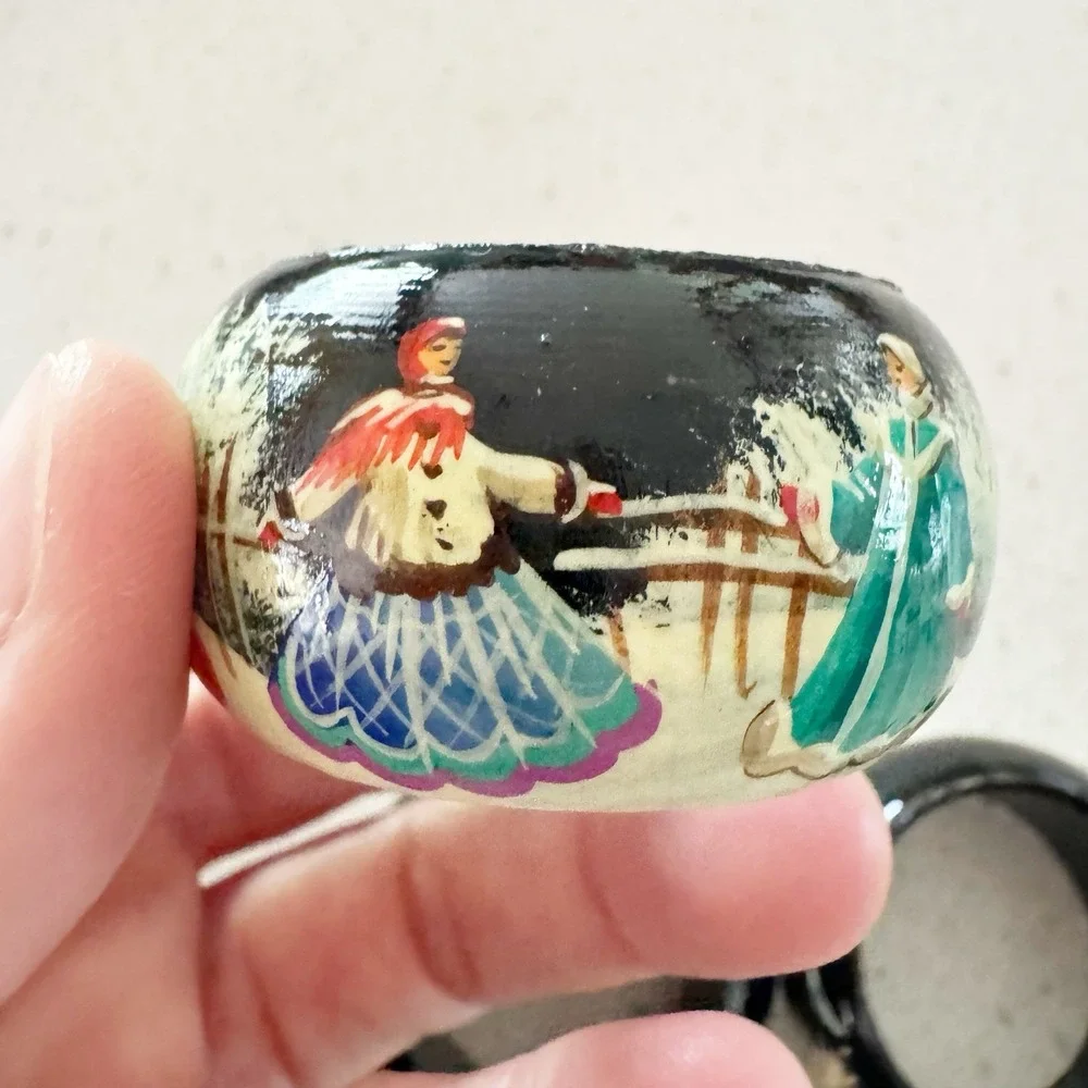 6 Vintage Handpainted Russian Napkin Holders Winter Scene Holiday Christmas